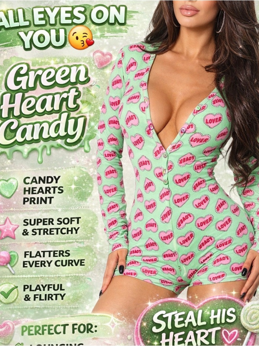 Green Heart Candy Print Long Sleeve Romper Sexy Lounge One Piece Bodycon - Picture 3 of 5